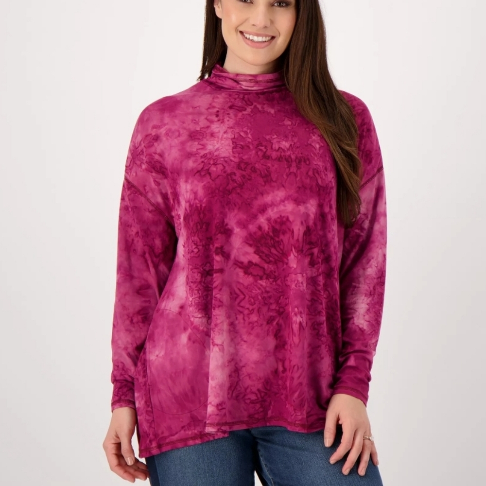ĹOGO Lori Goldstein Red Tie Dye Top‎ Size XL Long Sleeve Side Pockets Moc Neck